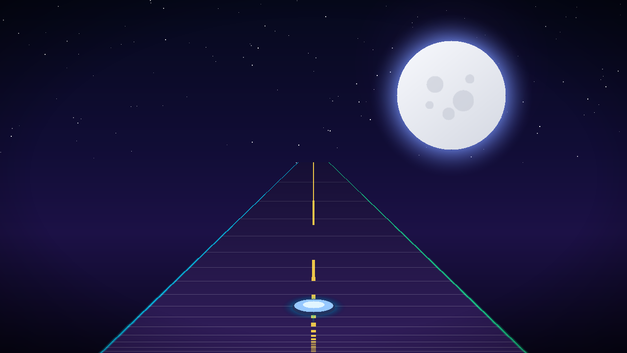 Moon Races gameplay — a glowing neon race track curving across the lunar surface beneath a bright moon and starfield